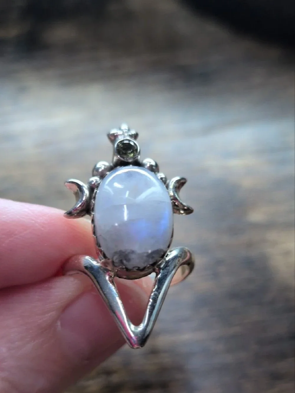 Silver Moonstone and Peridot Statement Ring - Moonlight Glow